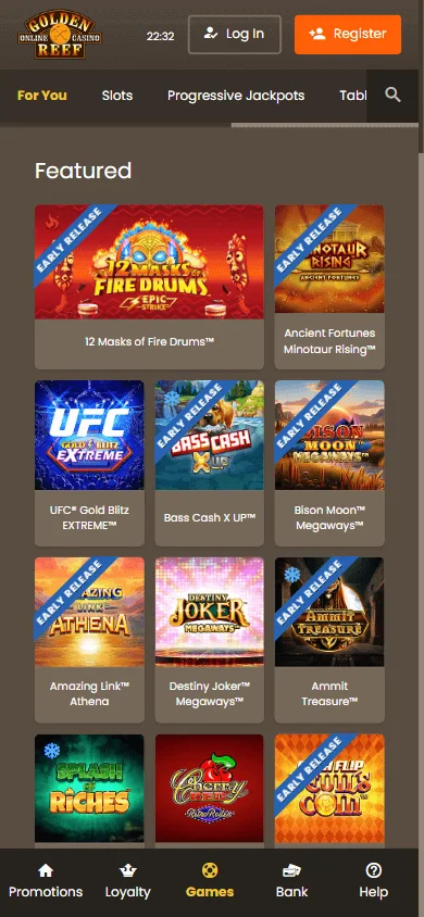 Reef 33 Casino games catalogue on a mobile device