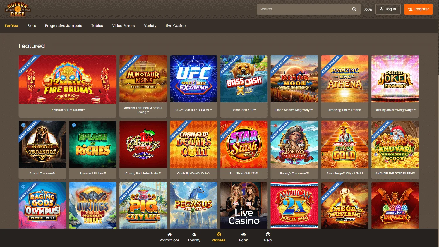 Reef 33 Casino games catalogue on desktop